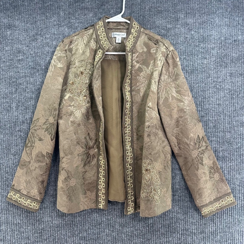 Coldwater Creek Jacket Womens Medium Bronze Gold Floral Jacquard Beaded Exc